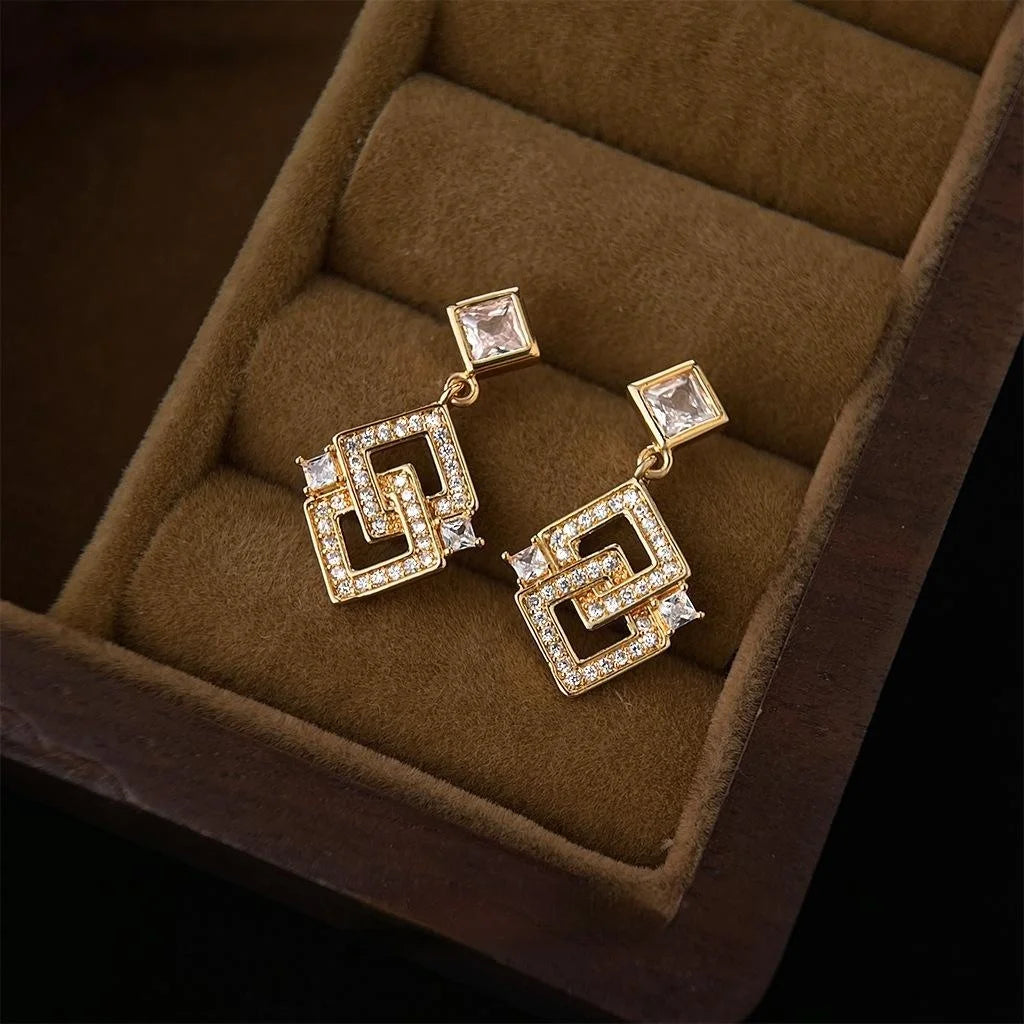 Light Luxury Geometric Square Zircon Copper 14K Plated Drop Earrings