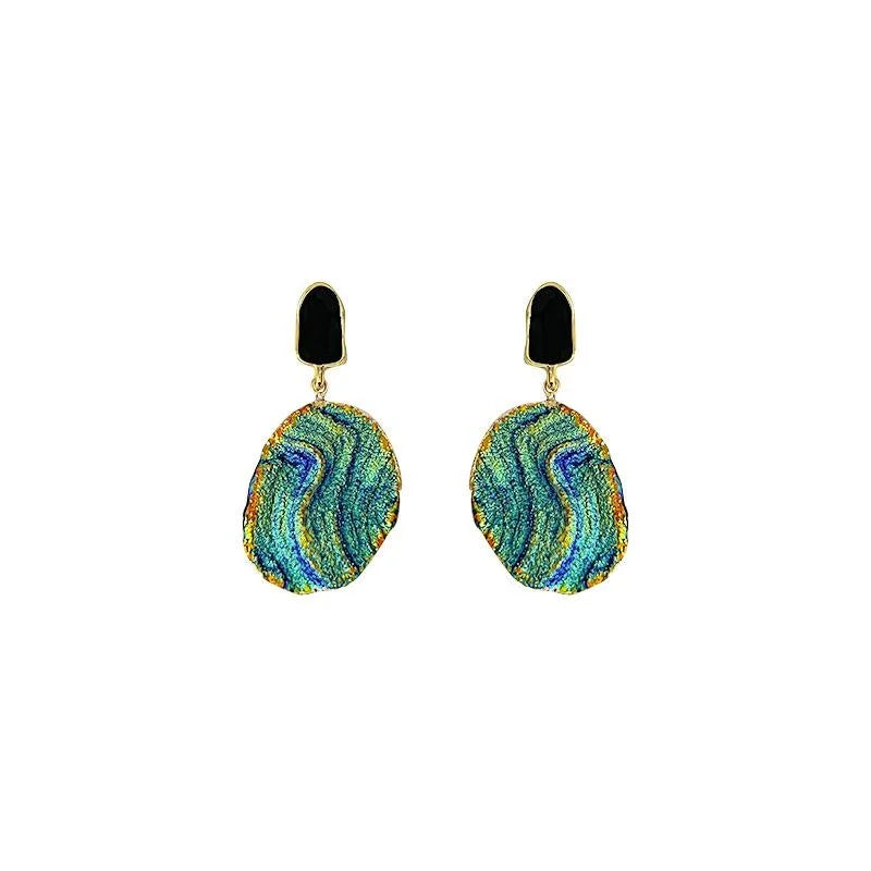 14K Gold Plated Klein Blue Textured Resin Oval Wave Stud Earrings