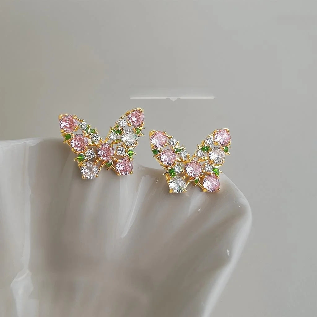 Colorful Zircon Butterfly Stud Earrings Eco Copper Lolita Style Insect Jewelry