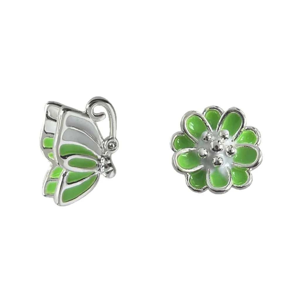 Forest Style Copper Flower Butterfly Asymmetric Enamel Stud Earrings Sweet Elegant Jewelry