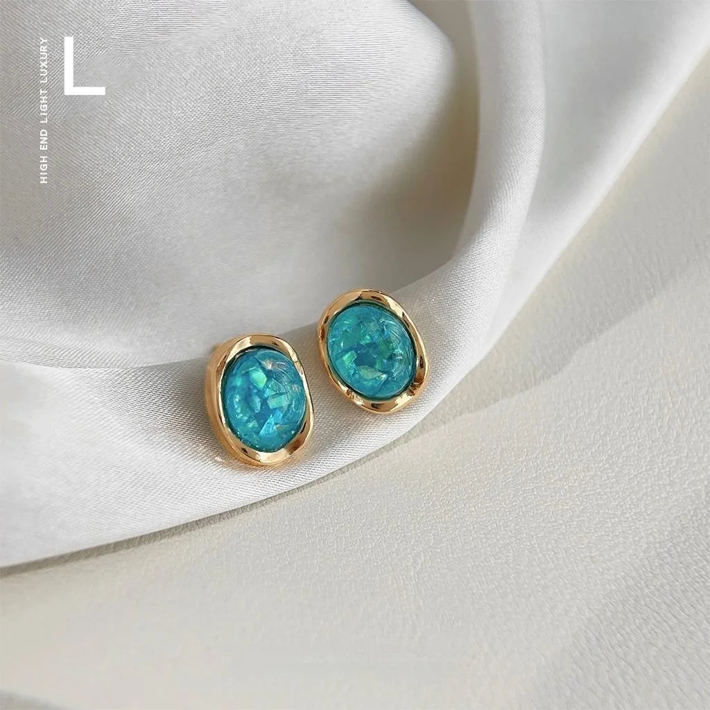 14K Gold Plated Copper Oval Geometric Stud Earrings Elegant Light Luxury Office Jewelry
