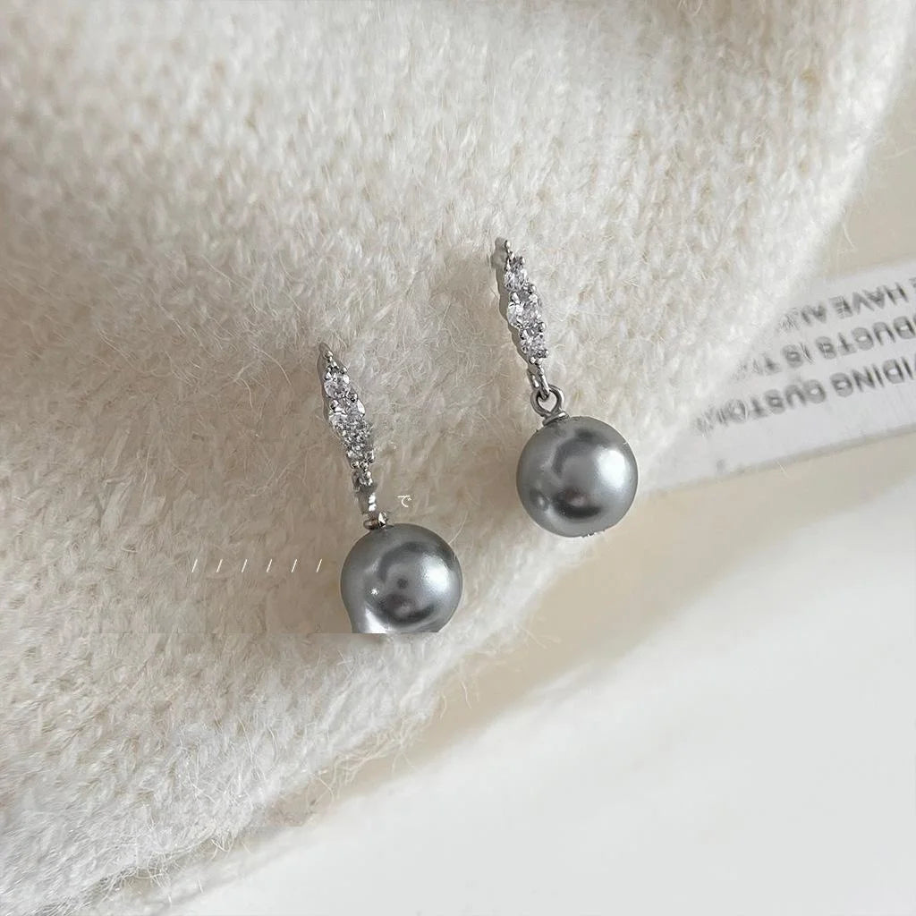 Vintage Geometric Gray Glass Pearl Drop Earrings With Micro Pave Zircon Copper Setting