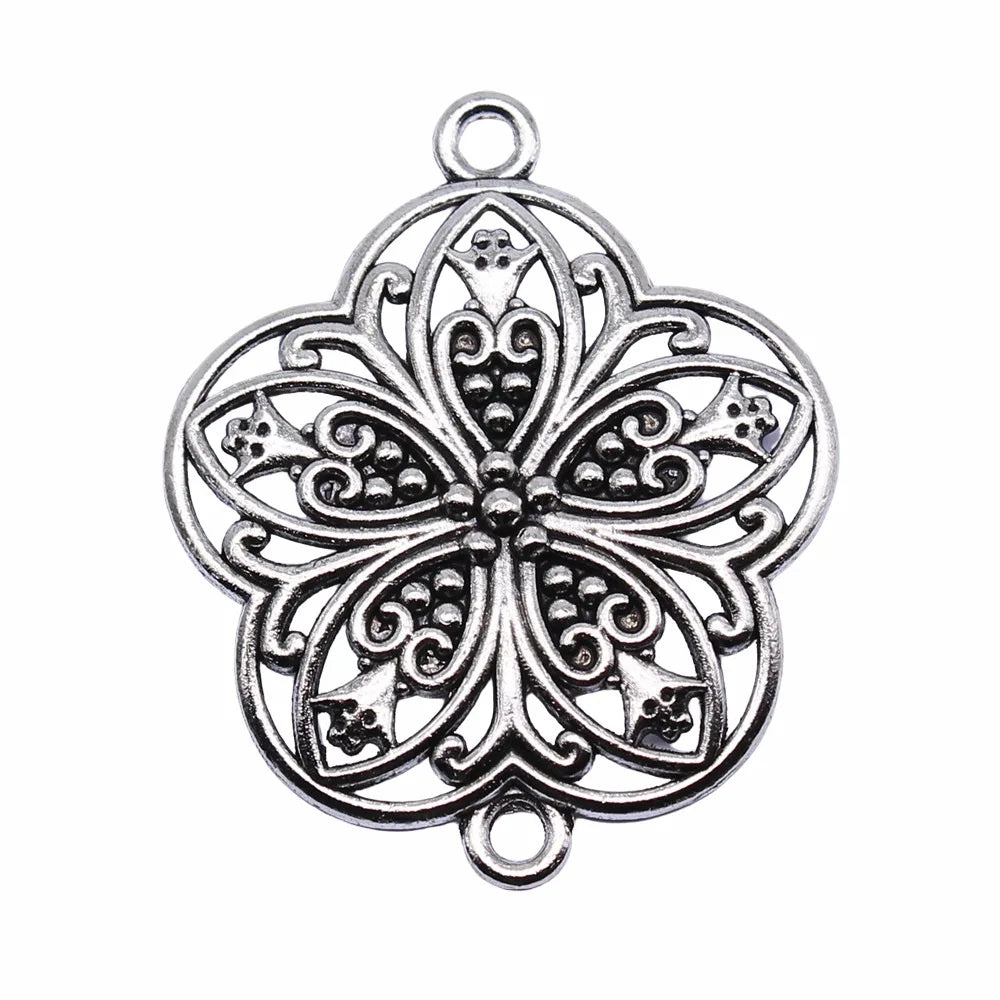 37x31mm 3.4g Antique Silver Zinc Alloy Hollow Flower Connector Charm for DIY Necklace Making