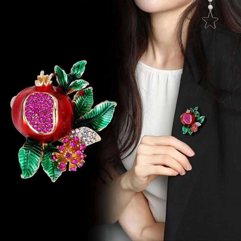Elegant Enamel Pomegranate Fruit Brooch With Rhinestone Seeds And Green Leaves, Women's Lapel Pin Gift