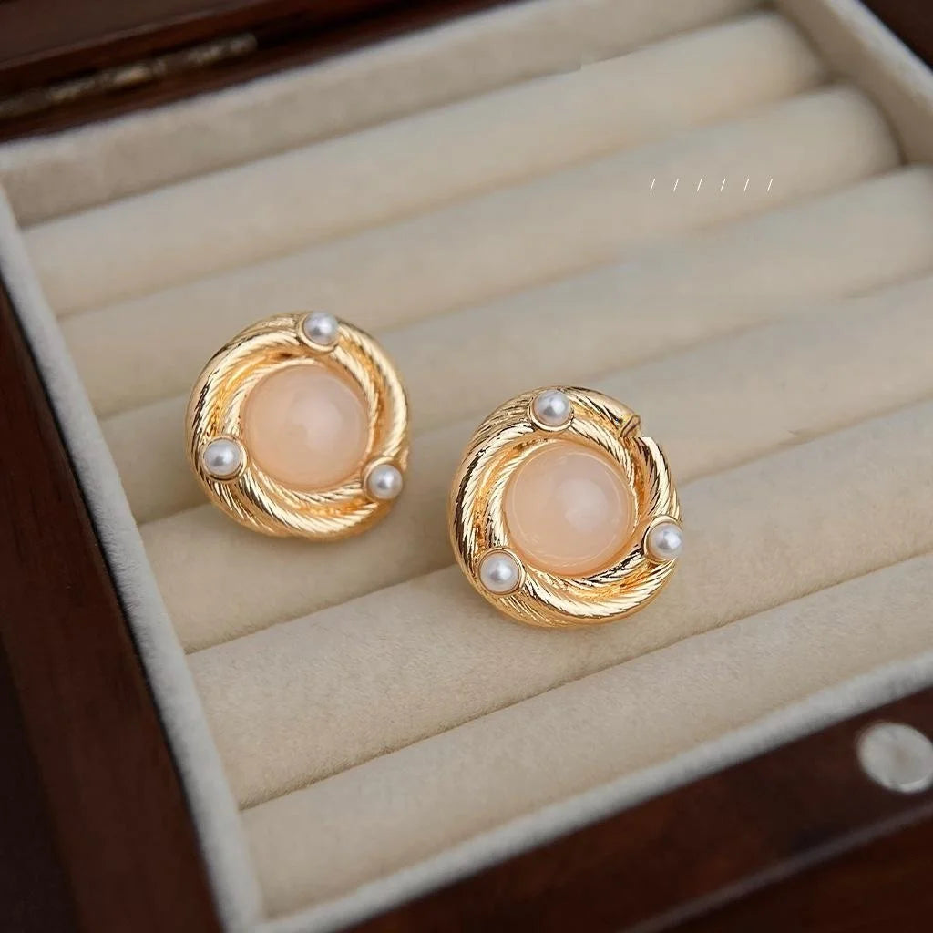 French Vintage 14K Plated Copper Geometric Round Line Stud Earrings