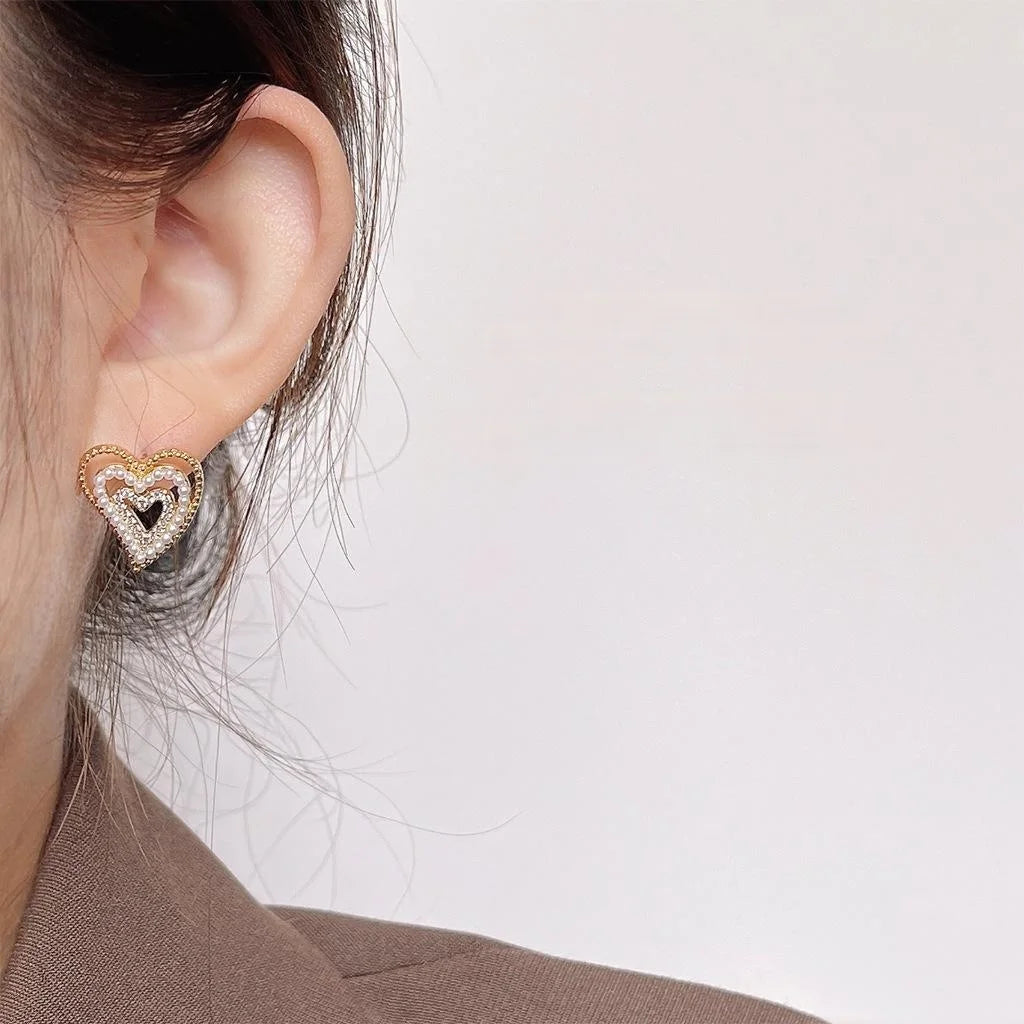 French Vintage Copper Pearl Heart Stud Earrings With Micro Pave Zircon Multi Layer Design