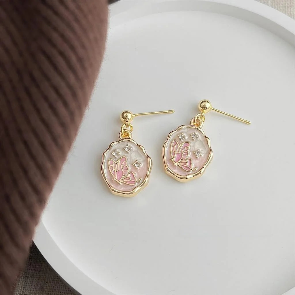 Handmade Gradient Pink Enamel Butterfly Drop Earrings Pastoral Copper