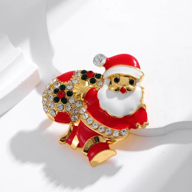 Cute Enamel Santa Claus Gift Bag Brooch With Rhinestones, Christmas Lapel Pin Holiday Suit Accessory