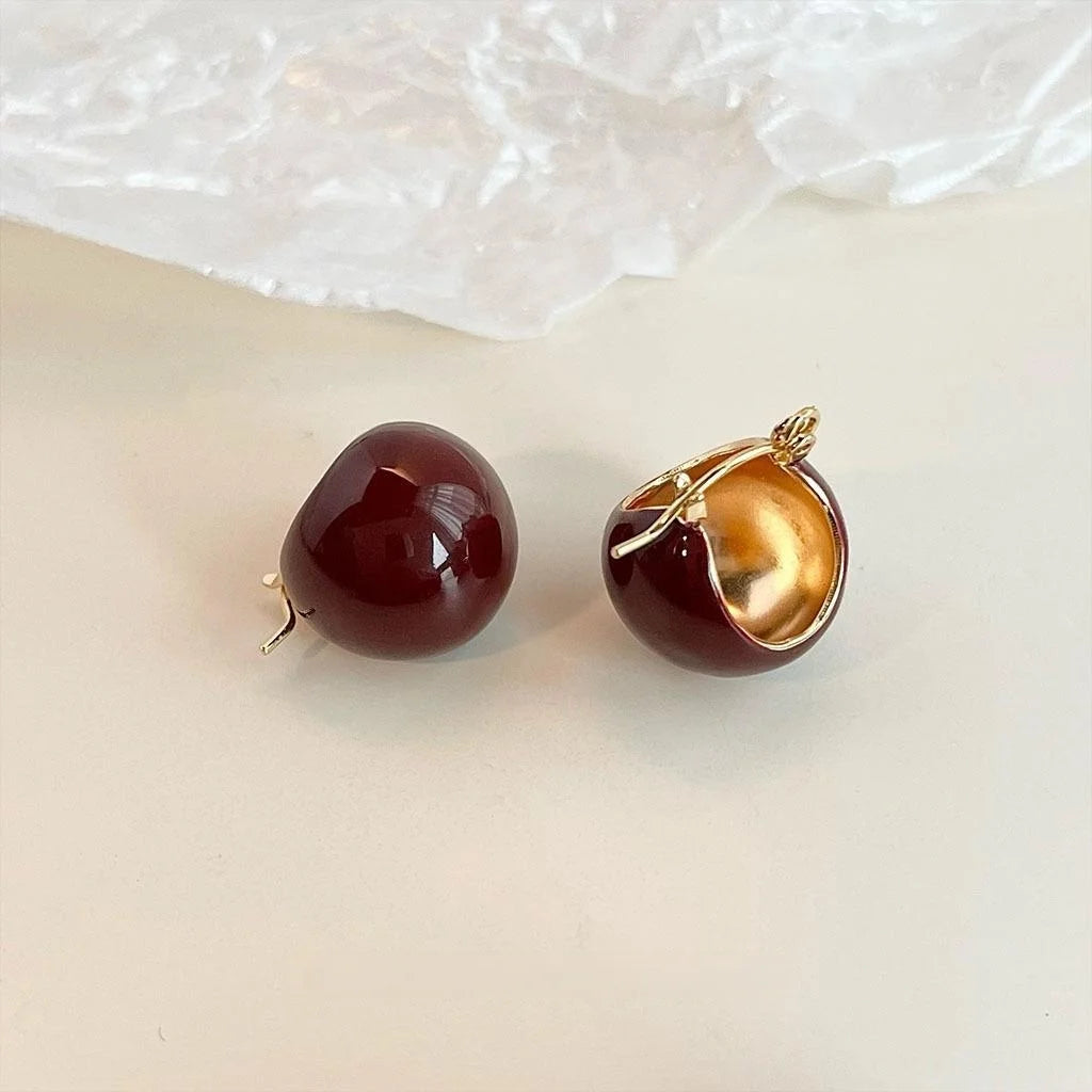 Vintage Wine Red Enamel Round Bean Copper Stud Earrings Light Luxury Hong Kong Style Jewelry