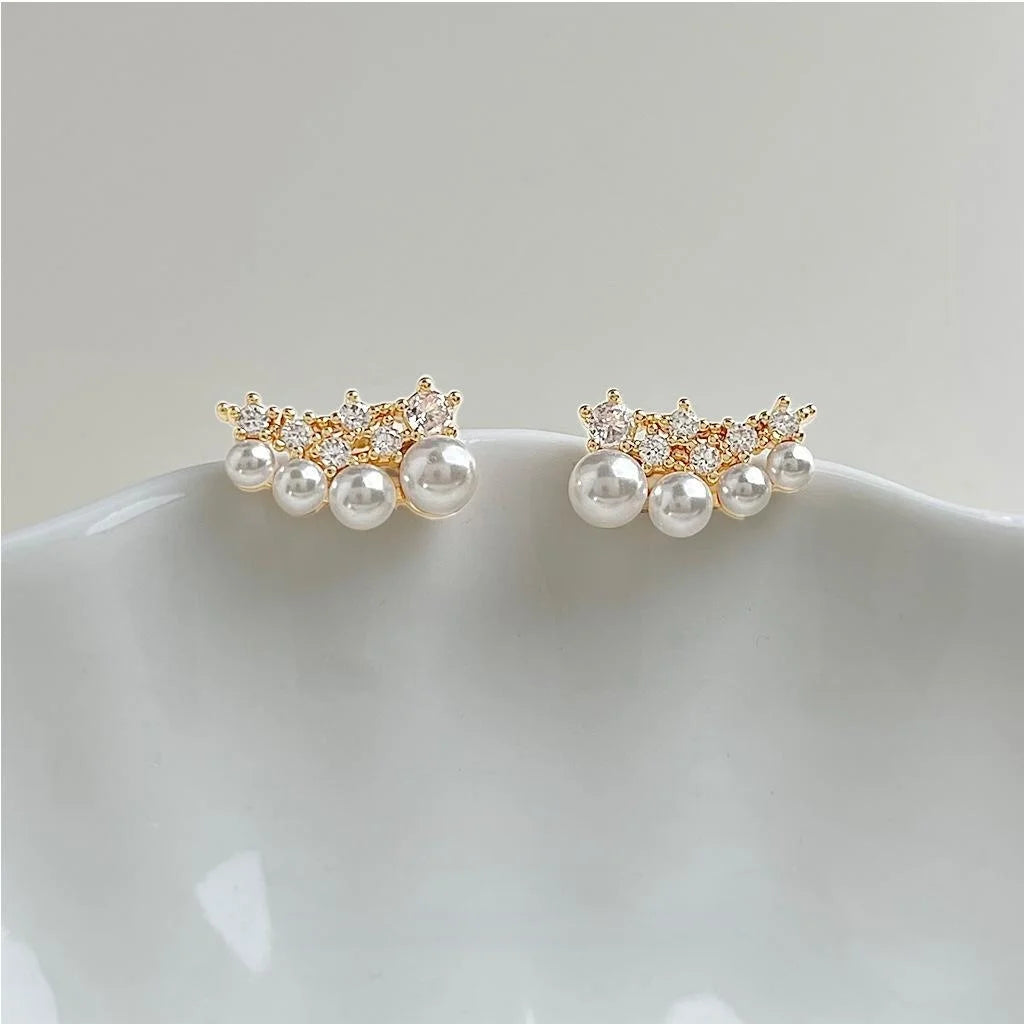 Light Luxury Copper Zircon Pearl Stud Earrings For Women Geometric Firework Ring Line Design