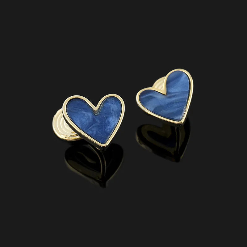 Blue Enamel Heart Alloy Stud & Clip On No Piercing Elegant Gold Tone Love Heart Earrings