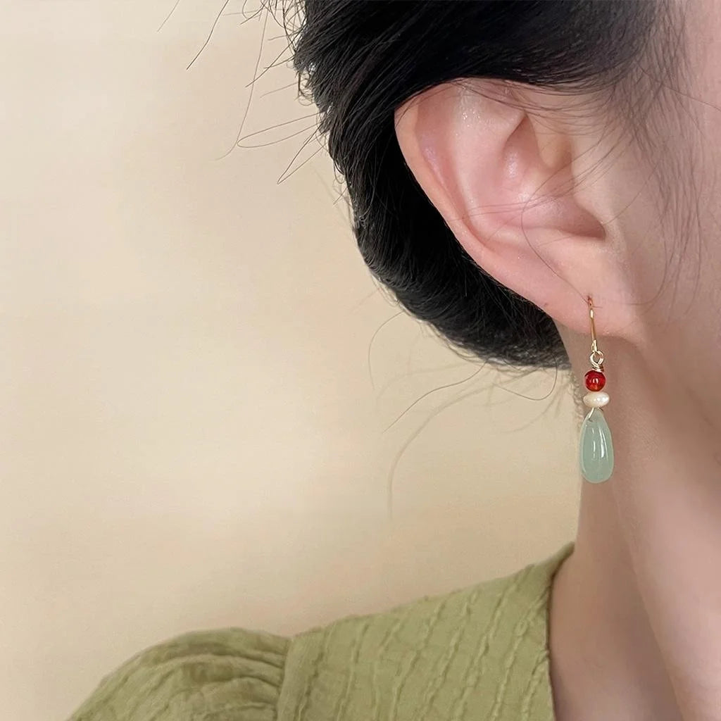 Handmade New Chinese Style Teardrop Glass Red Agate Shell Drop Earrings For Women