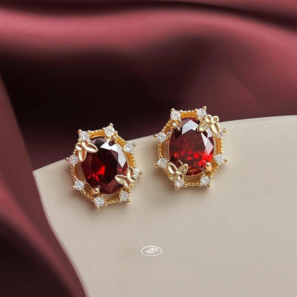 Vintage Burgundy Zircon 14K Plated Copper Oval 3D Butterfly Stud Earrings