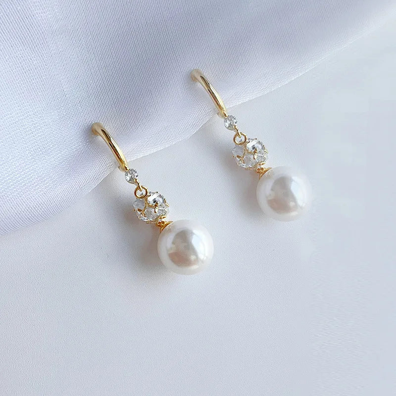 Elegant Swirl Hoop Crystal Rhinestone Pearl Drop Stud & Clip On No Piercing Long Dangle Earrings