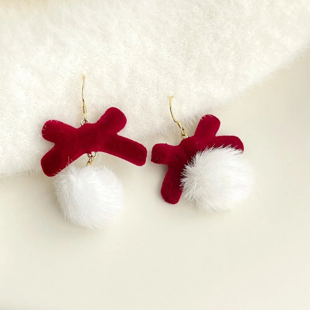 French Vintage Copper Red Flocked Flower Bow Heart Drop Earrings For Women
