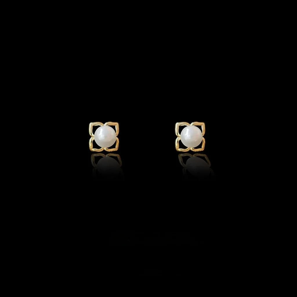 14K Plated Copper Flower Pearl Stud Earrings, Mini Minimalist Korean Style Earrings