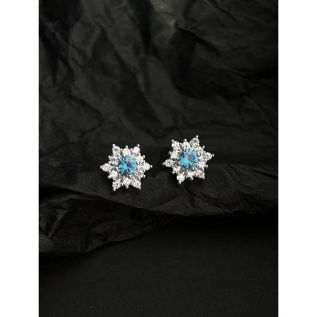 Light Luxury Blue Zircon Snowflake Star Stud Earrings Silver Plated Christmas Jewelry
