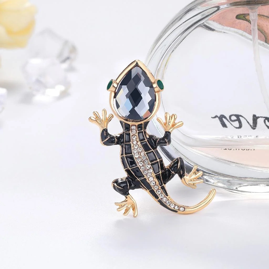 Luxury Black Enamel Gecko Lizard Brooch With Rhinestones, Alloy Animal Lapel Pin Suit Accessory Gift