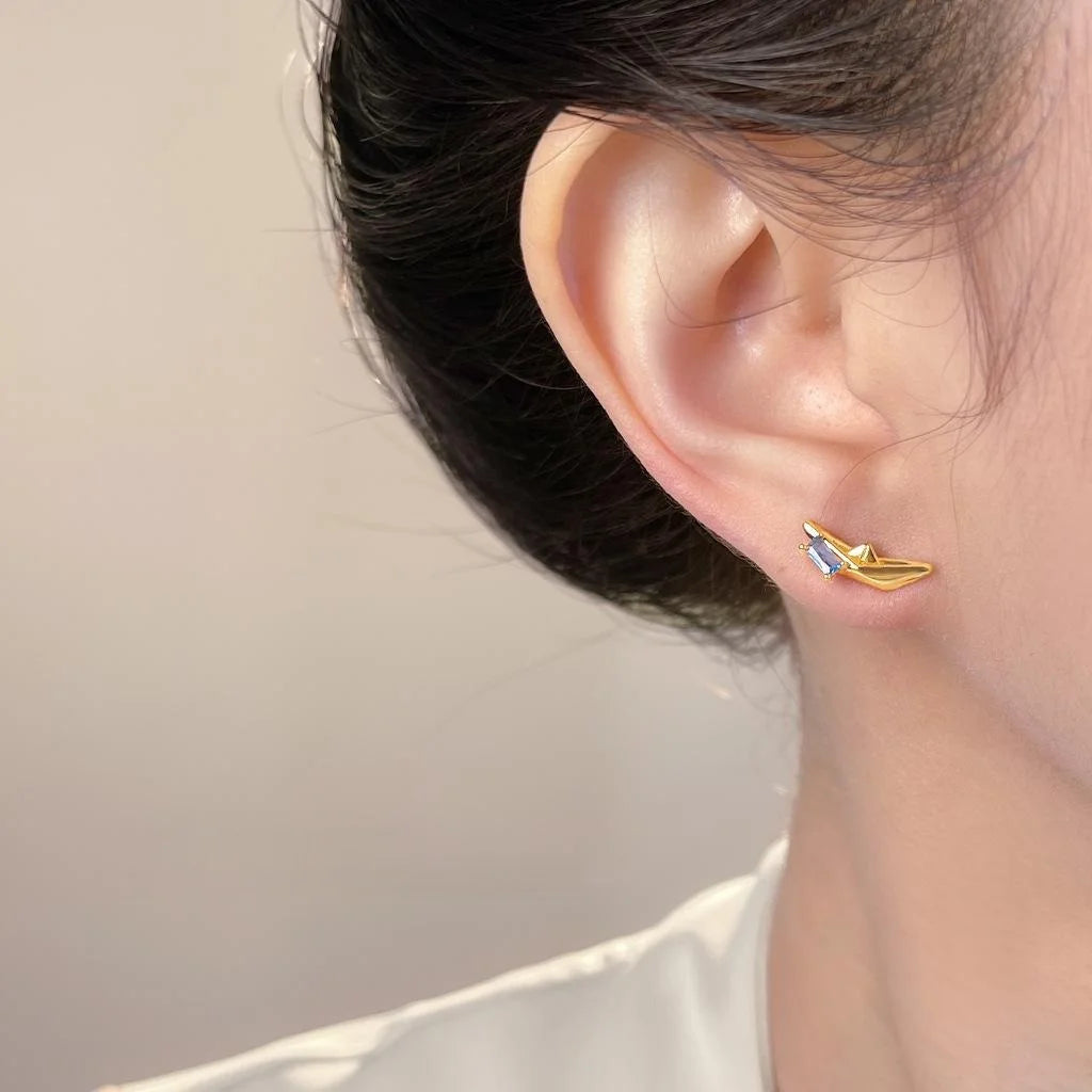 Geometric Boat Stud Earrings With Aquamarine Zircon, Copper Silver Plated High End Creative Jewelry