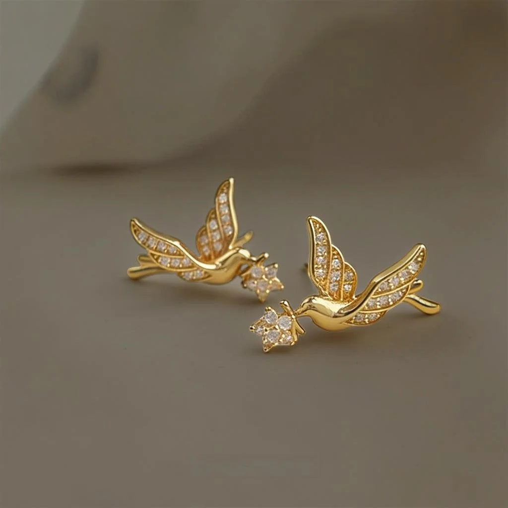 Original Design Micro Pave Zircon Bird Stud Earrings, Copper Luxury Fashion Niche Jewelry
