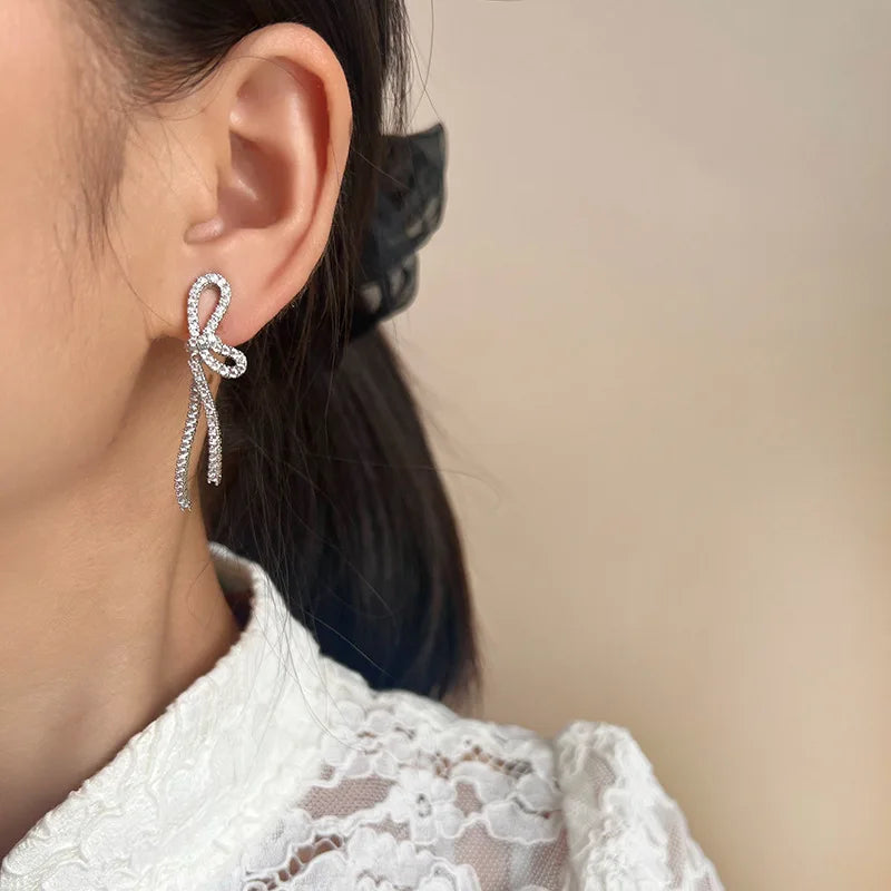 Elegant Zircon Bowknot Long Tassel Stud & Clip On No Piercing Spiral Back Statement Earrings