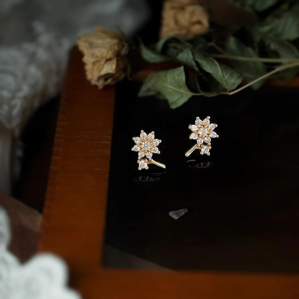 14K Plated Copper Micro Pave Zircon Flower Stud Earrings, Petite Chic Floral Petal Jewelry