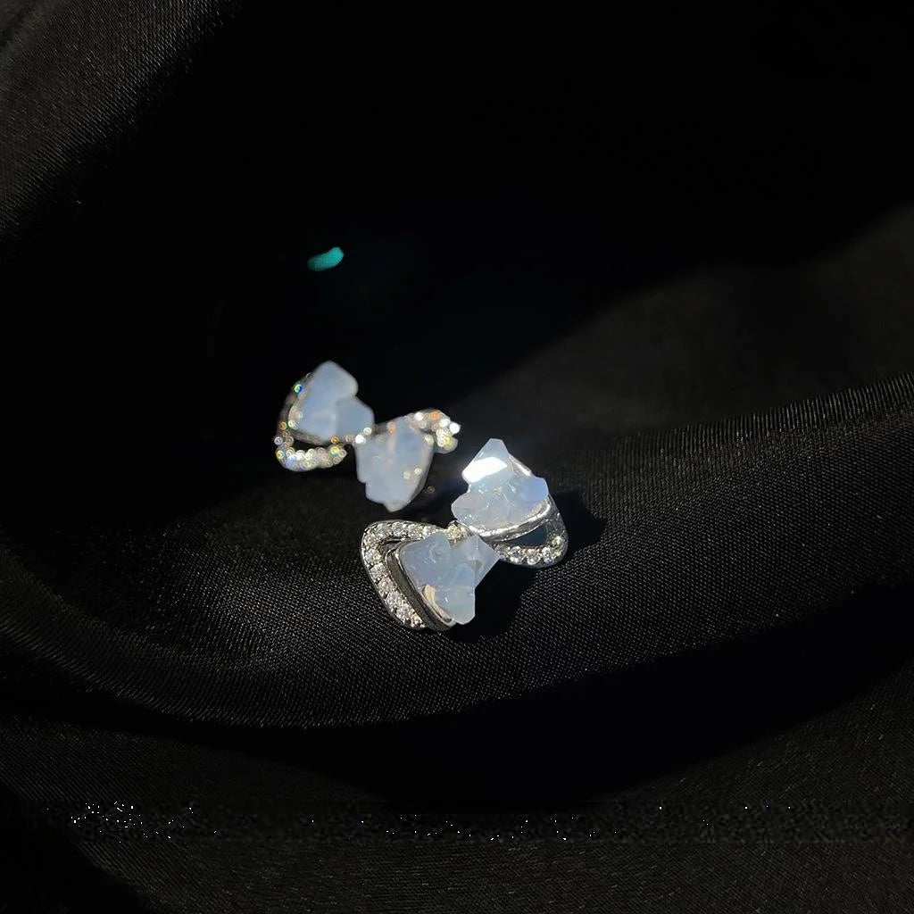 Blue Bow Stud Earrings With Micro Pave Zircon, Glass Crystal Chips, Sweet Fresh Commuter Style