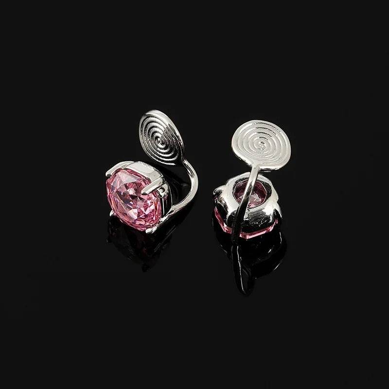 Elegant Luxury Rose Cut Pink Zircon Spiral Shell Stud & Clip On No Piercing Silver Tone Earrings