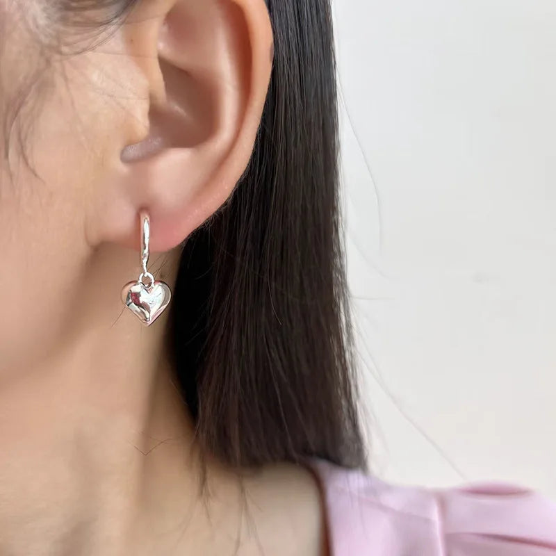 Elegant Smooth Silver Alloy Puffy Heart Drop Stud & Clip On No Piercing Versatile Fashion Earrings