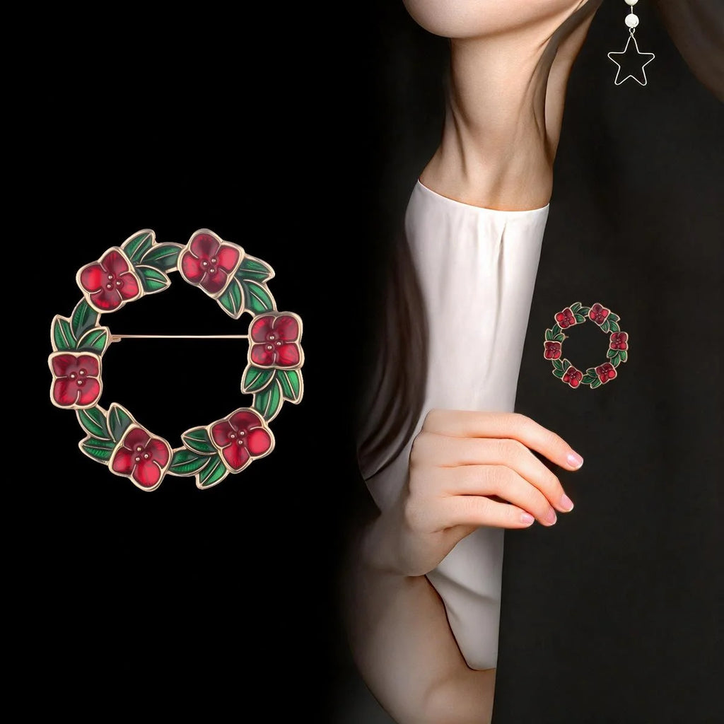 Vintage Alloy Enamel Floral Wreath Brooch With Red Flowers Green Leaves, Elegant Lapel Pin Suit Accessory Gift