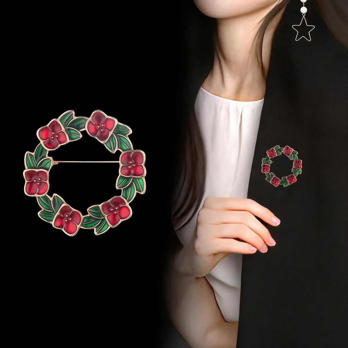 Vintage Alloy Enamel Floral Wreath Brooch With Red Flowers Green Leaves, Elegant Lapel Pin Suit Accessory Gift