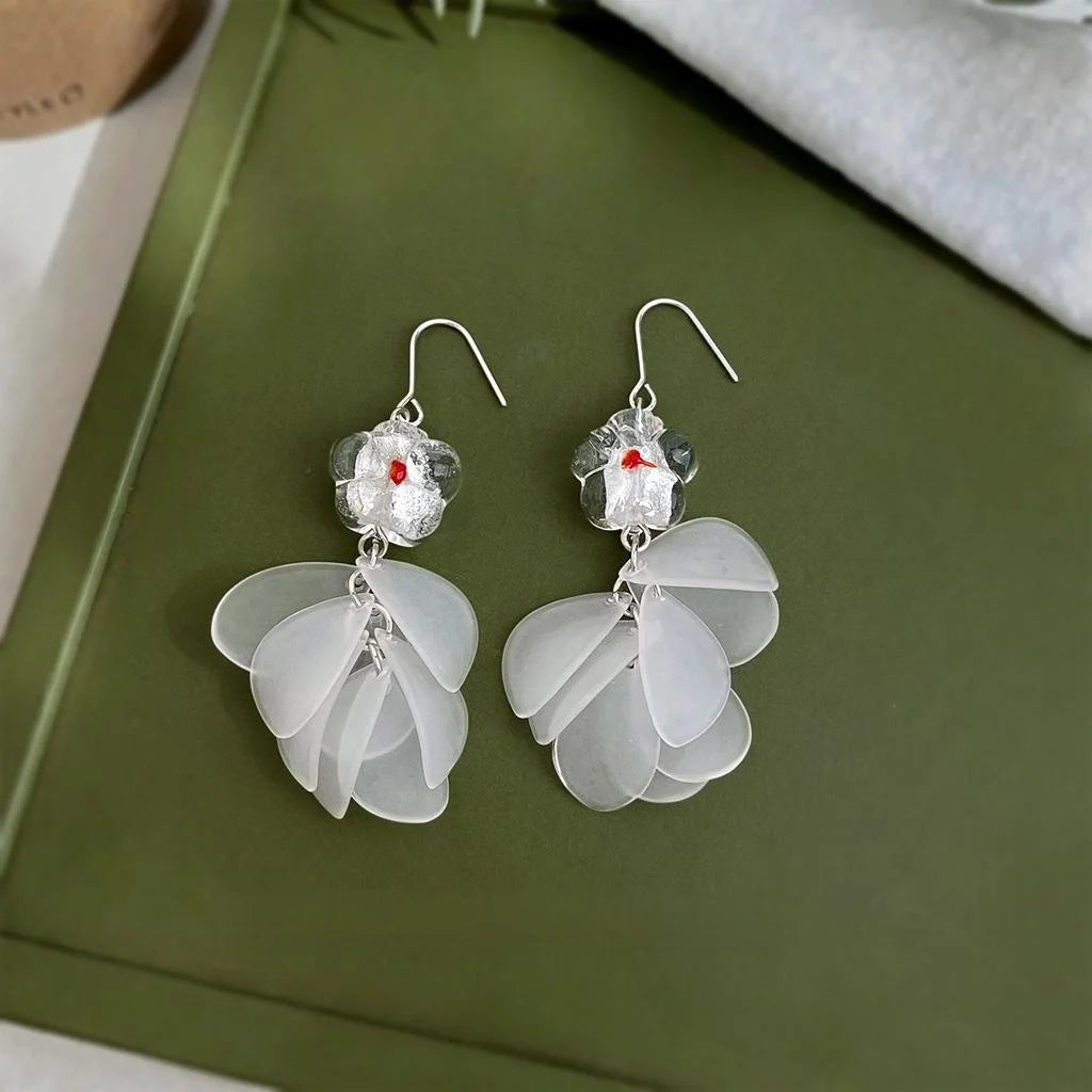 Handmade Glass Glaze Floral Tassel Drop Earrings, Niche Sweet Forest Vacation Style Jewelry