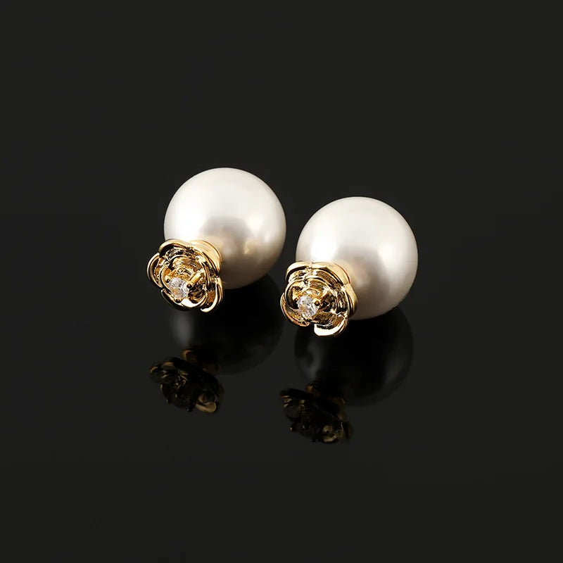 Luxury Camellia Flower Pearl Rhinestone Stud & Clip On No Piercing Elegant Gold Alloy Earrings