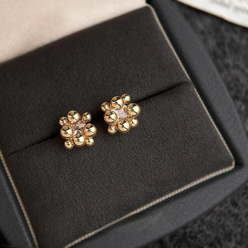 14K Gold Plated Copper Micro Pave Zircon Art Ball Stud Earrings Korean Fashion Geometric Polka Dot