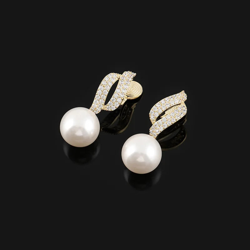 Elegant Pearl Drop Spiral Zircon Pave Alloy Stud & Clip On No Piercing Luxury Women's Earrings