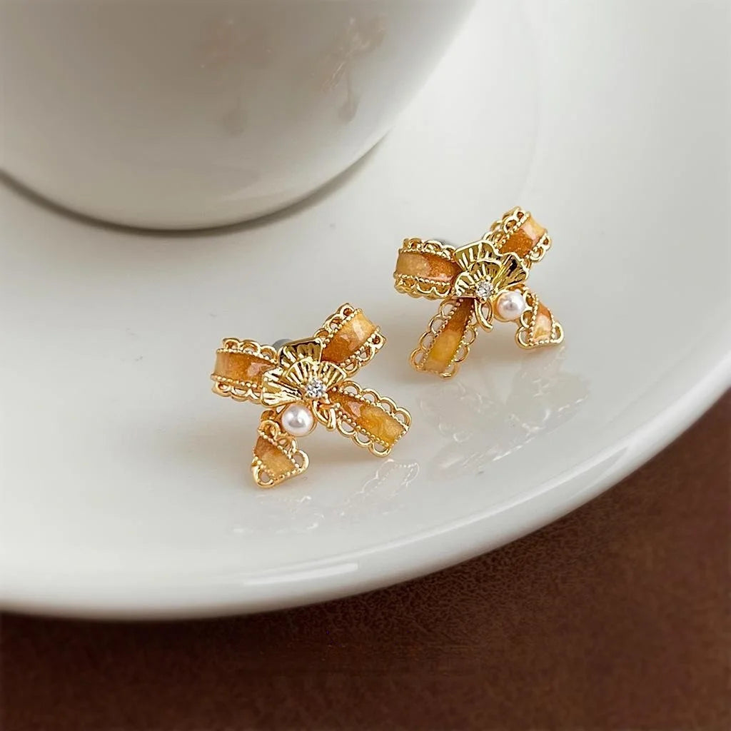 Maillard Style Bow Ginkgo Leaf Stud Earrings, Hand Painted 14K Plated Copper