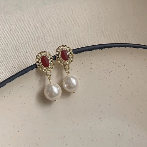 Hong Kong Style Vintage Burgundy Copper Silver Plated Floral Double Hoop Drop Earrings