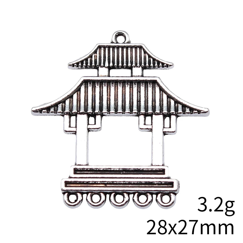 28x27mm 3.2g Multicolor Zinc Alloy Chinese Pavilion Earring Connector Charms for DIY Earring Making