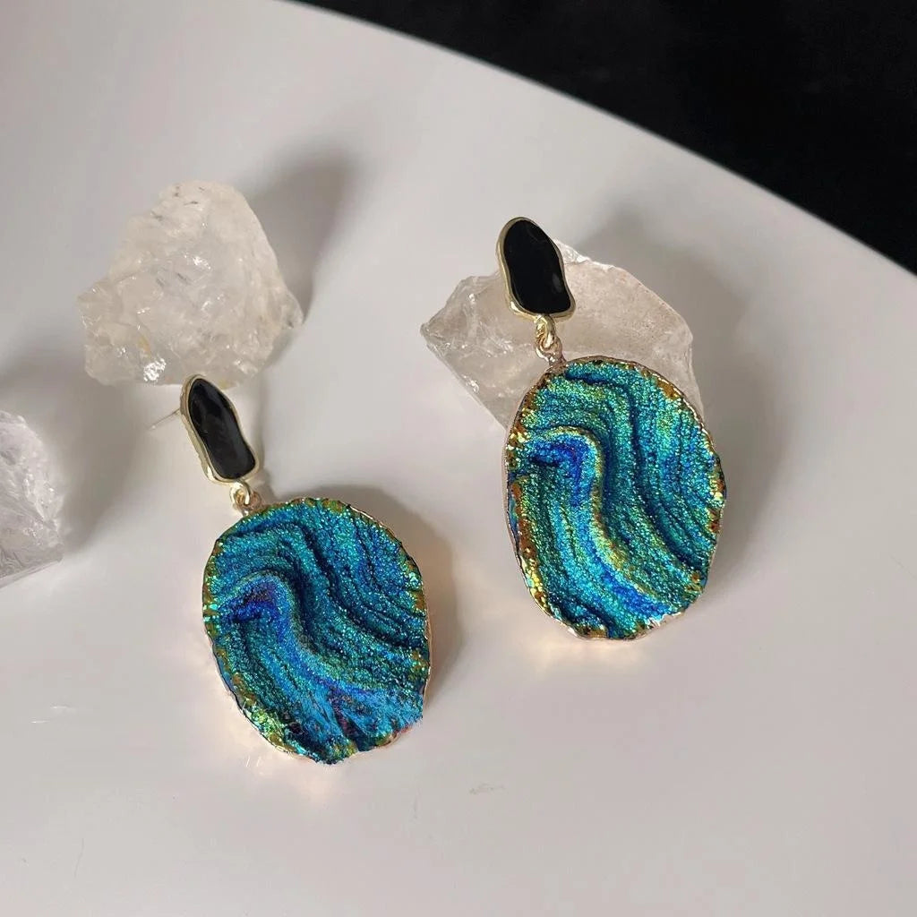 14K Gold Plated Klein Blue Textured Resin Oval Wave Stud Earrings