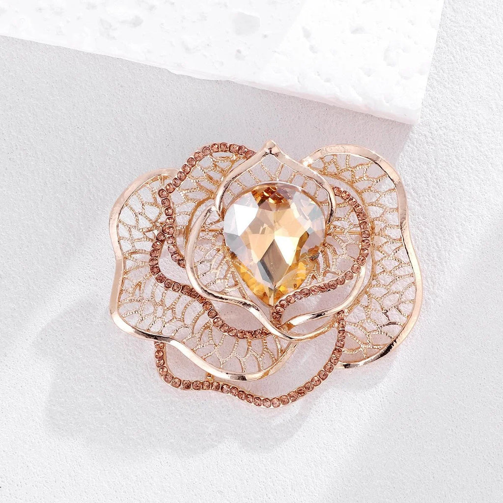 Elegant Camellia Flower Brooch With Teardrop Zircon And Rhinestones, Rose Gold Alloy Lapel Pin Gift