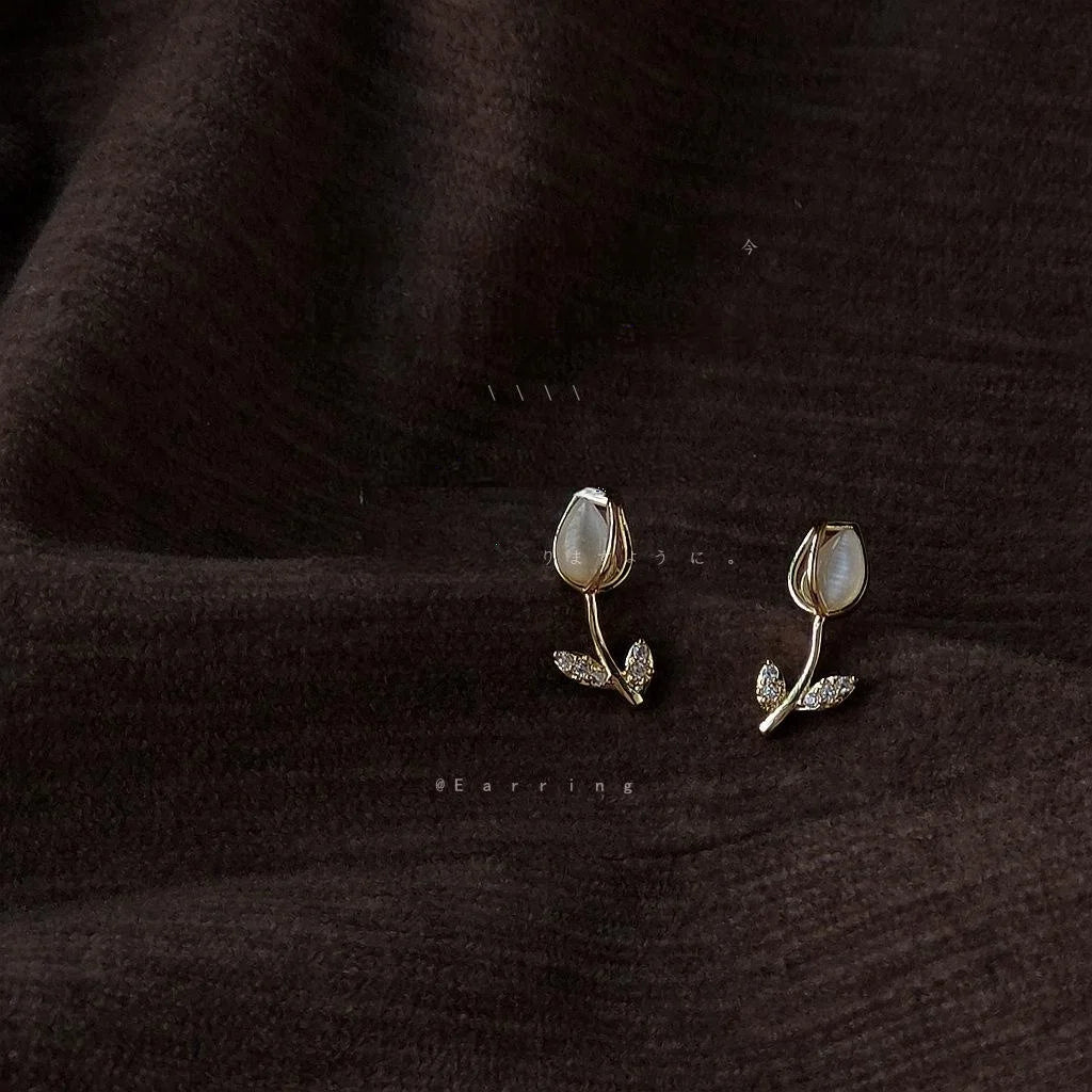 14K Plated Copper Tulip Cat Eye Glass Zircon Drop Earrings Korean Japanese Minimalist Jewelry