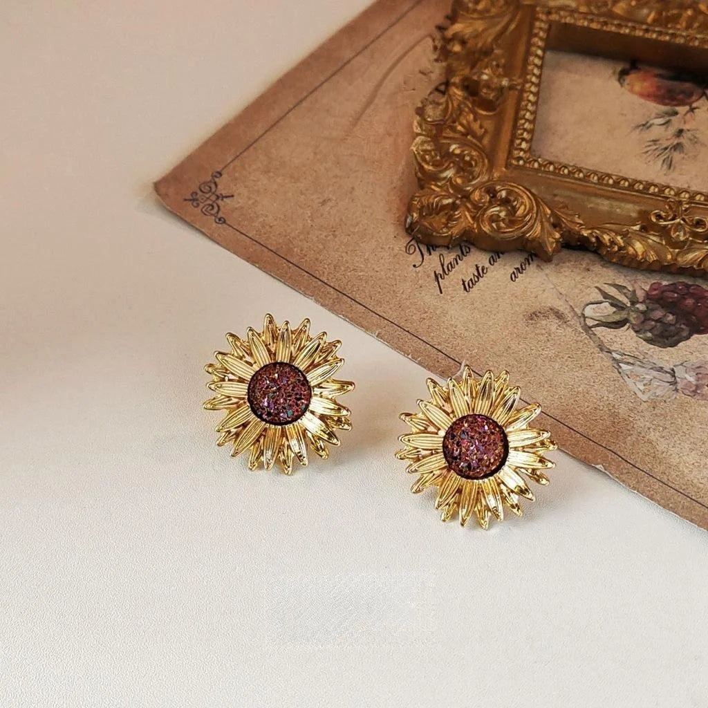Vintage Sunflower Alloy Stud Earrings With 14K Plated, Hong Kong Style Floral Jewelry