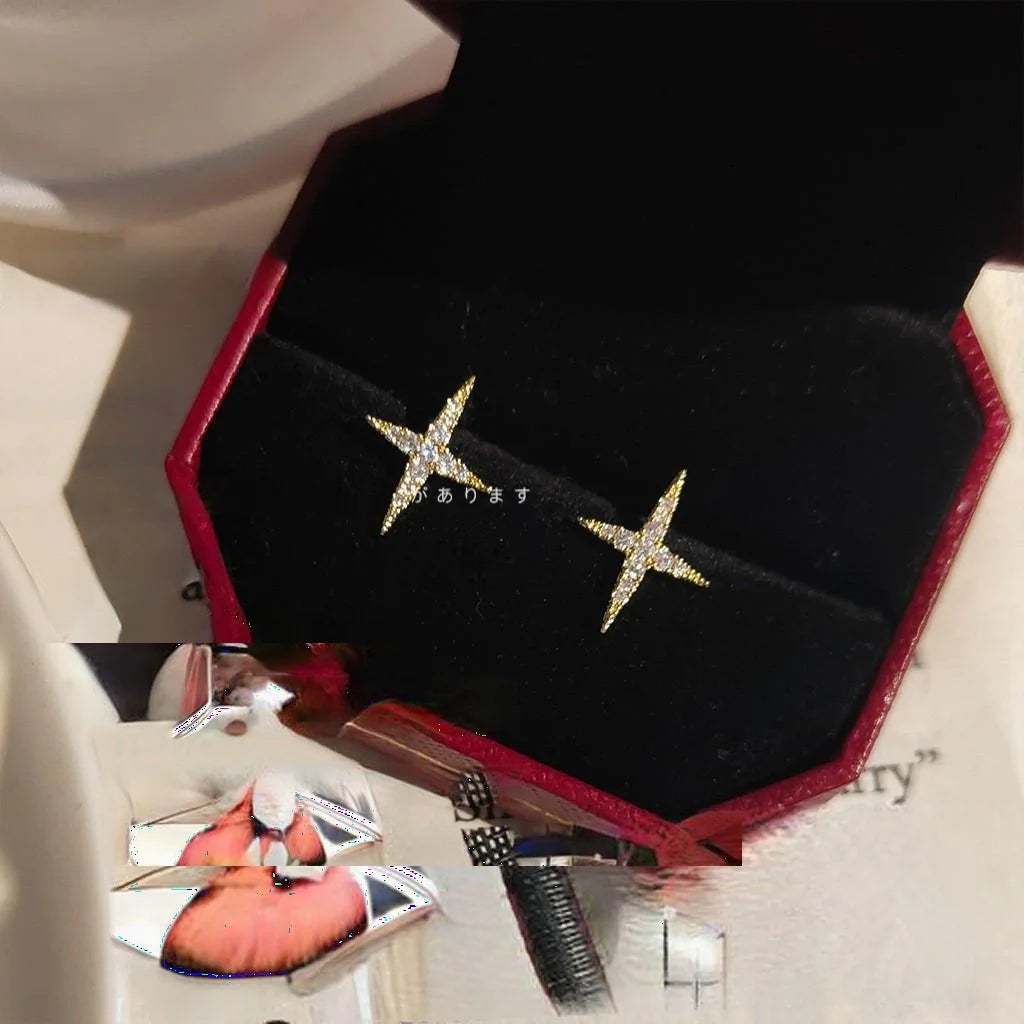 14K Plated Copper Star Cross Stud Earrings With Micro Pave Zircon, Minimalist Korean Style