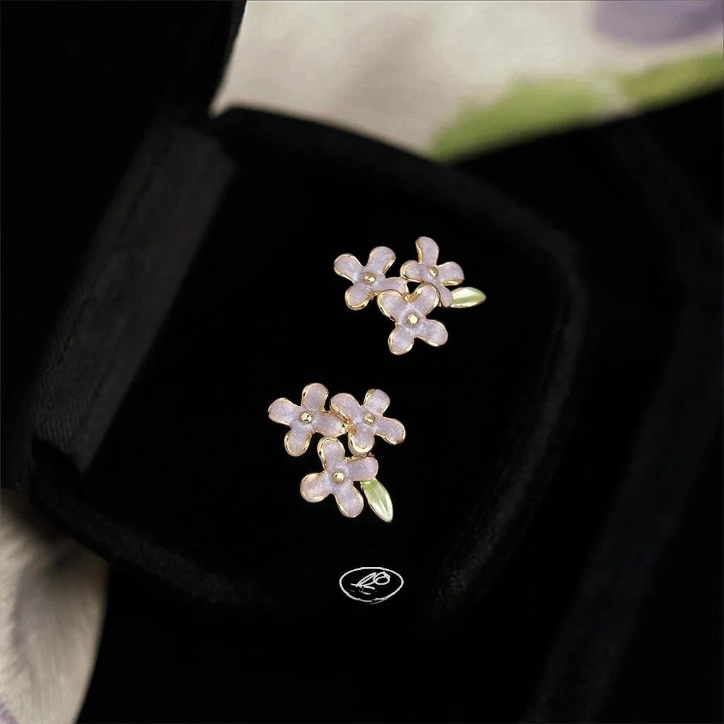 Sweet Purple Enamel Hydrangea Flower Copper 14K Plated Stud Earrings