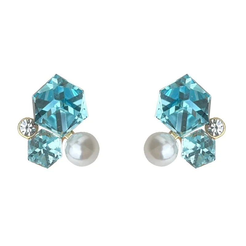 K9 Aquamarine Glass Crystal Sugar Cube Geometric Stud Earrings Fresh Sweet Commuter Style