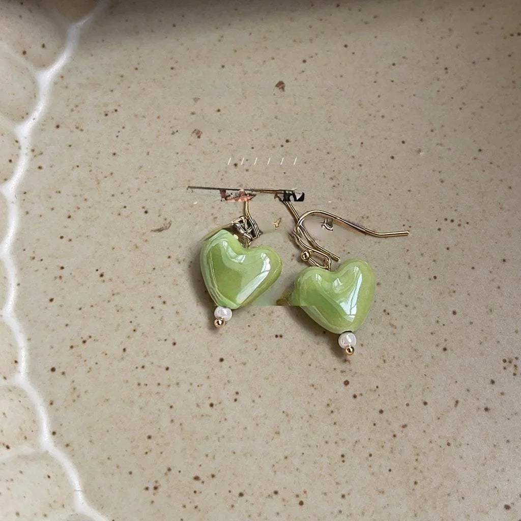 Green Ceramic Heart Drop Earrings Handmade Forest Style Sweet Minimalist Jewelry For Women