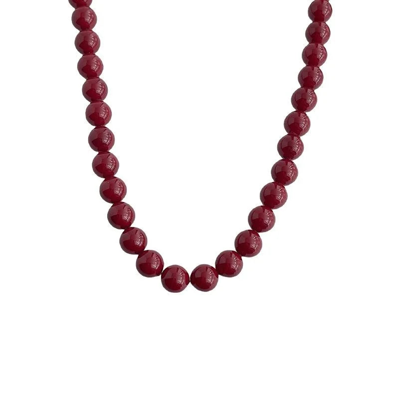 Vintage Red Glass Pearl Enamel Geometric Round Pendant Sweater Chain Choker Necklace