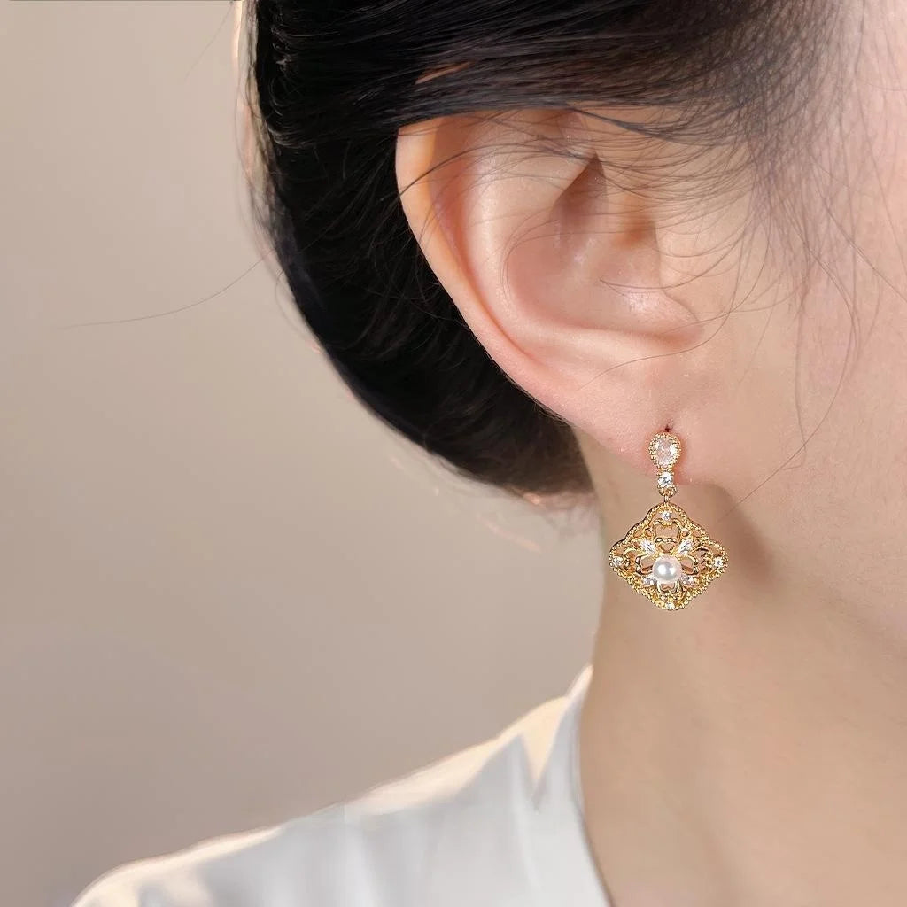 Light Luxury Eco-Friendly Copper Zircon Floral Geometric Square Drop Earrings With Silver Plated Pins