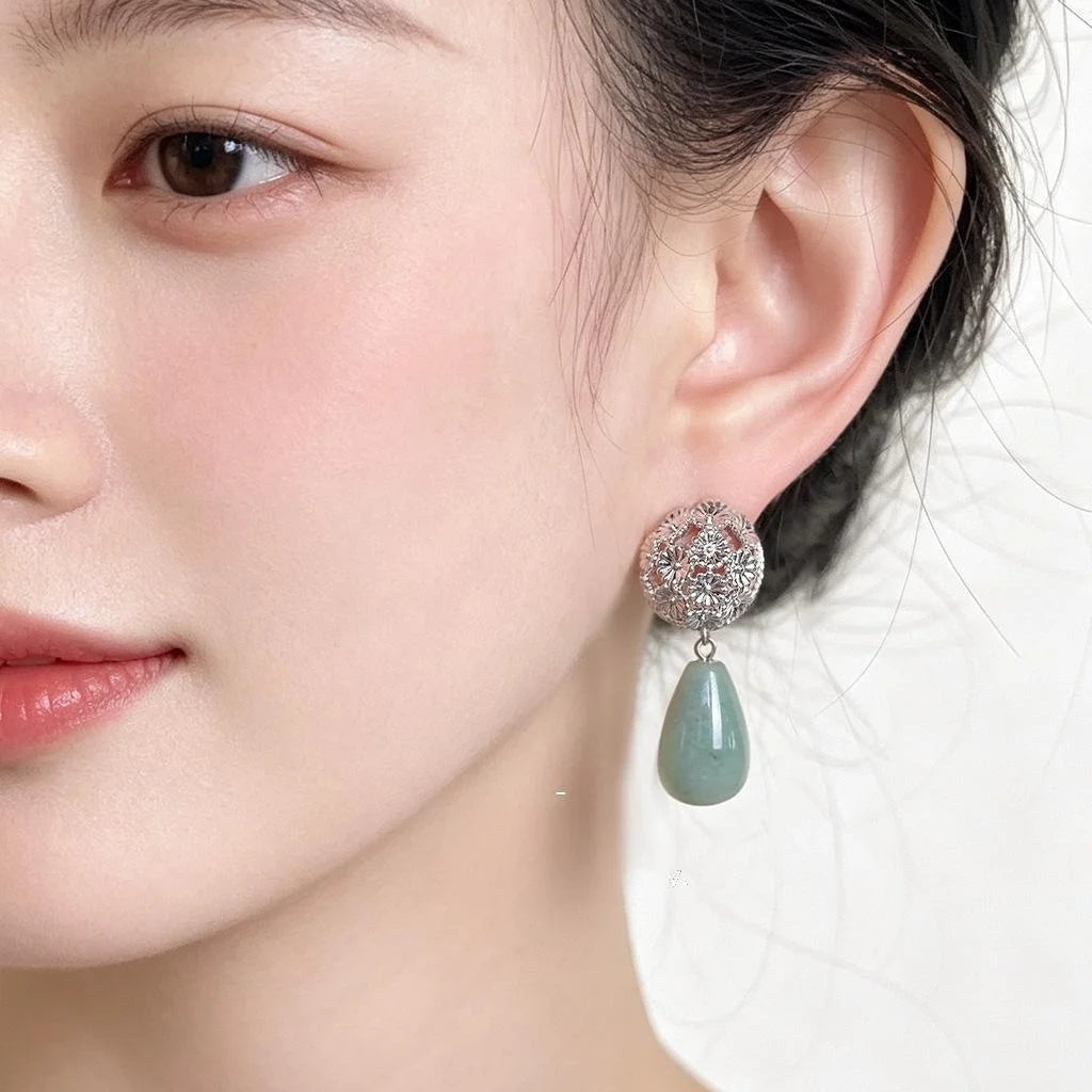 Natural Aventurine Jade Flower Drop Earrings New Chinese Vintage Teardrop Guofeng Jewelry