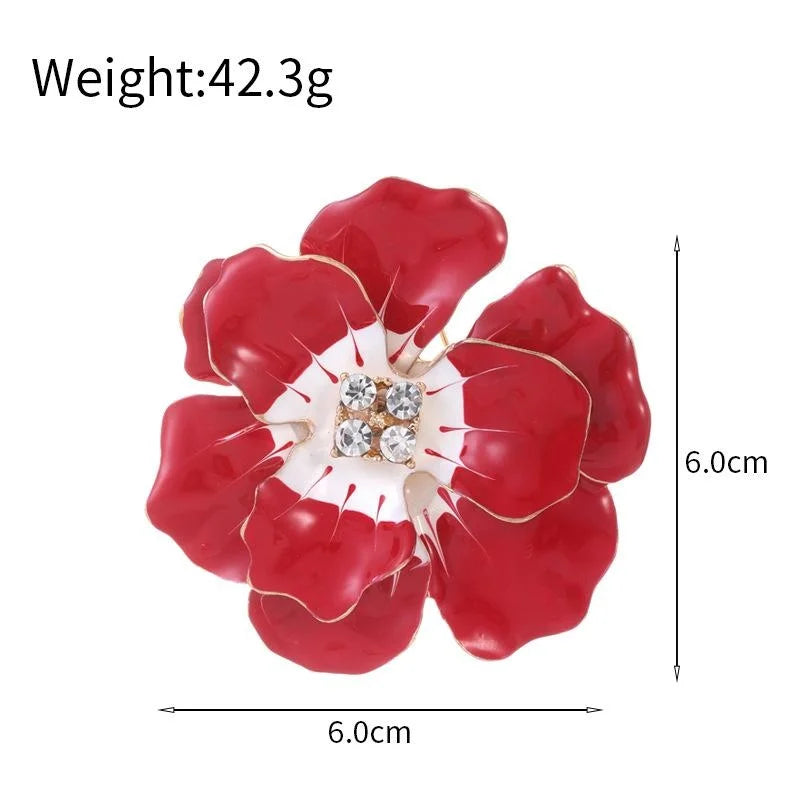 Elegant Red Enamel Peony Flower Brooch With Rhinestone Center, Alloy Lapel Pin Corsage Suit Accessory